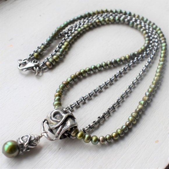 Jewelry - Boho Sage Pearl Necklace 2 Strand Sterling Silver